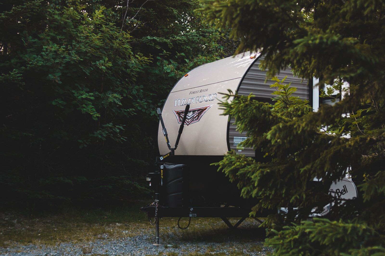 Travel trailer at a scenic outdoor campsite
